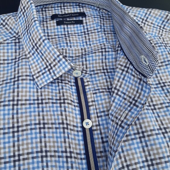 Bugatchi SZ 15.5 Classic Fit Cotton Men's Button Up Shirt- Blue, Tan and White - Picture 6 of 13
